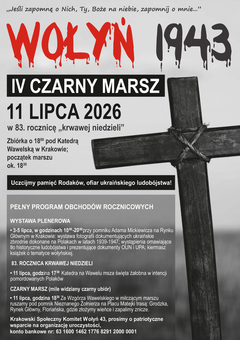 Plakat zapraszający na czarny marsz w rocznię Krwawej Niedzieli na Wołyniu